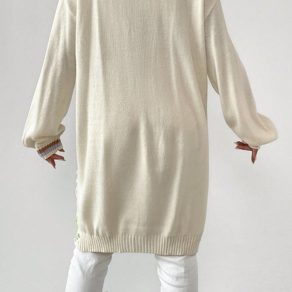 Multicolor Casual Womens Geo Pattern Drop Shoulder Open Front Cardigan - Picture 2 of 5